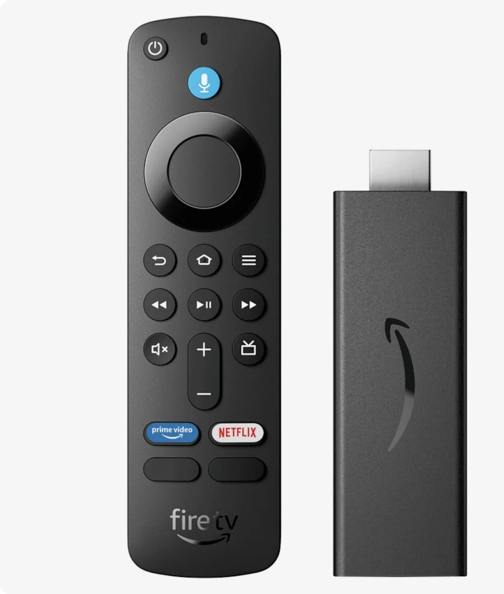 Amazon Fire TV Stick with voice remote — works with our IPTV